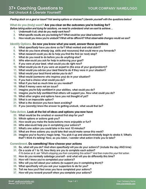 a green and white checklist with the words, ` questions to your company name '