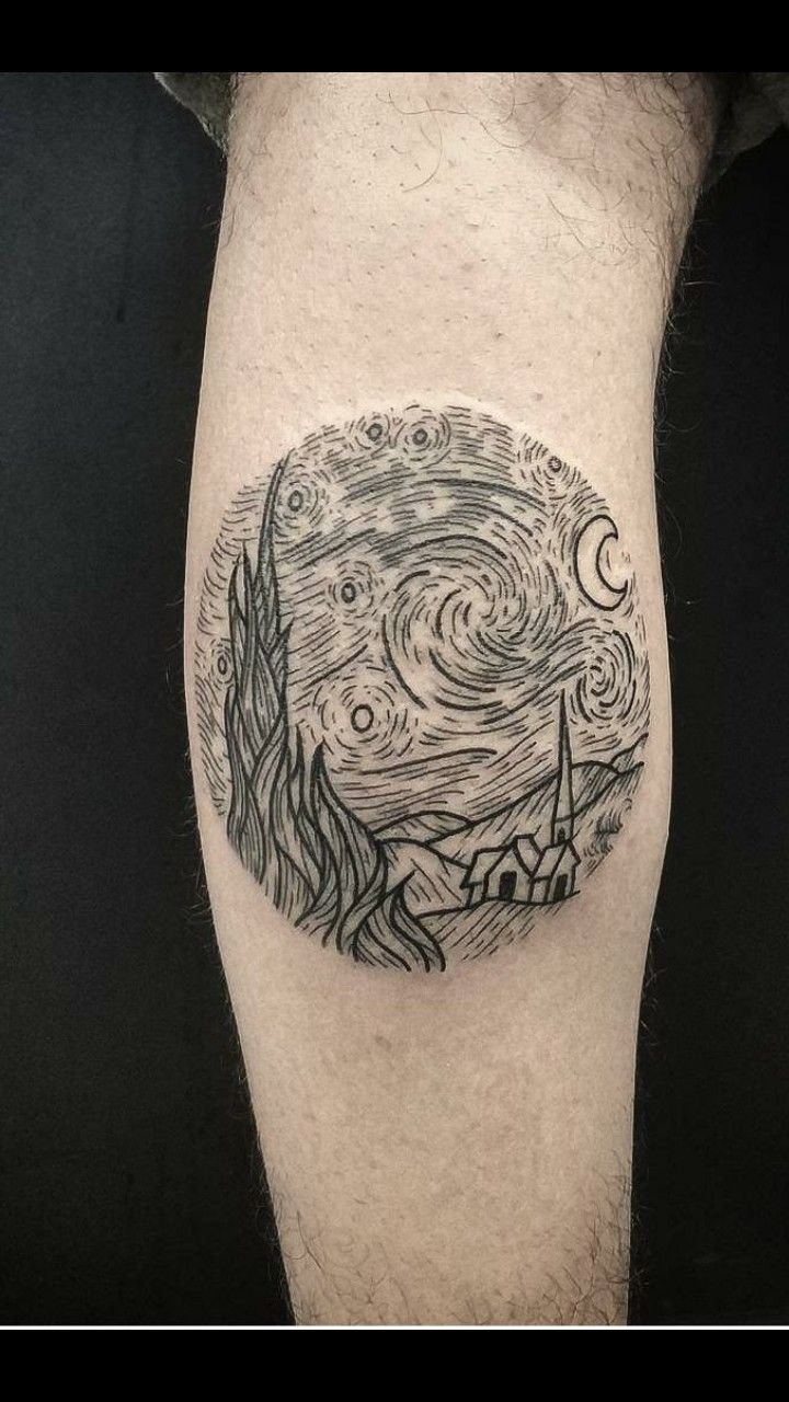 a man with a tattoo on his leg that has a starry night in the sky