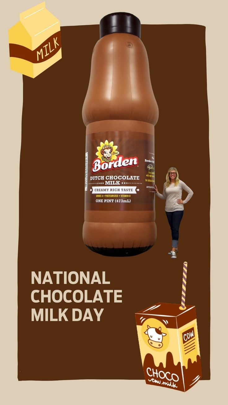 a woman standing next to a bottle of chocolate milk with the caption national chocolate milk day