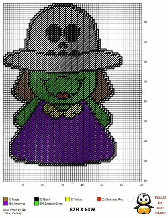 a cross stitch pattern with an image of a witch in a purple dress and hat