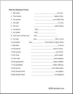 French Possessive Adjectives Worksheet