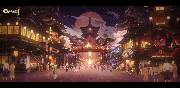 an anime scene with many people walking through the street and buildings in the background at night