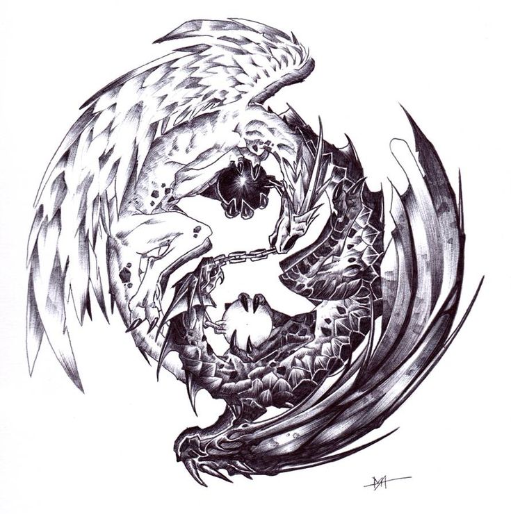 a black and white drawing of two skulls in the shape of a dragon's head