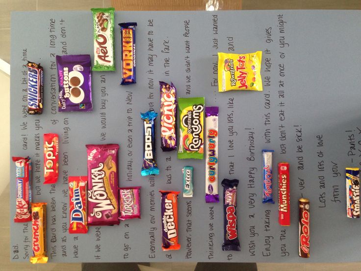 a table topped with lots of candy bars on top of a sheet of writing paper