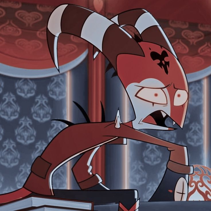 an animated character in a red and white costume with horns on it's head