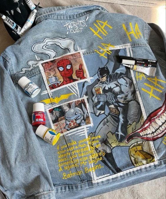 the back of a jean jacket with pictures and other items on it, including toothbrushes