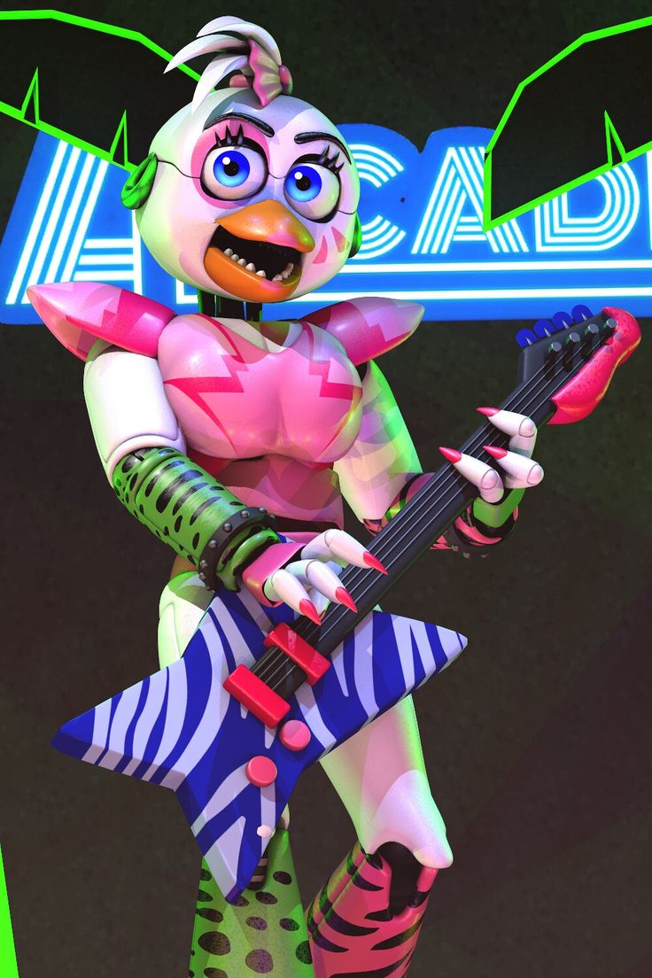 a cartoon character holding a guitar in front of a neon sign