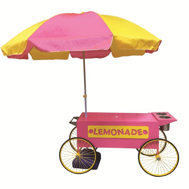 a pink and yellow ice cream cart with an umbrella over it that says lemonade