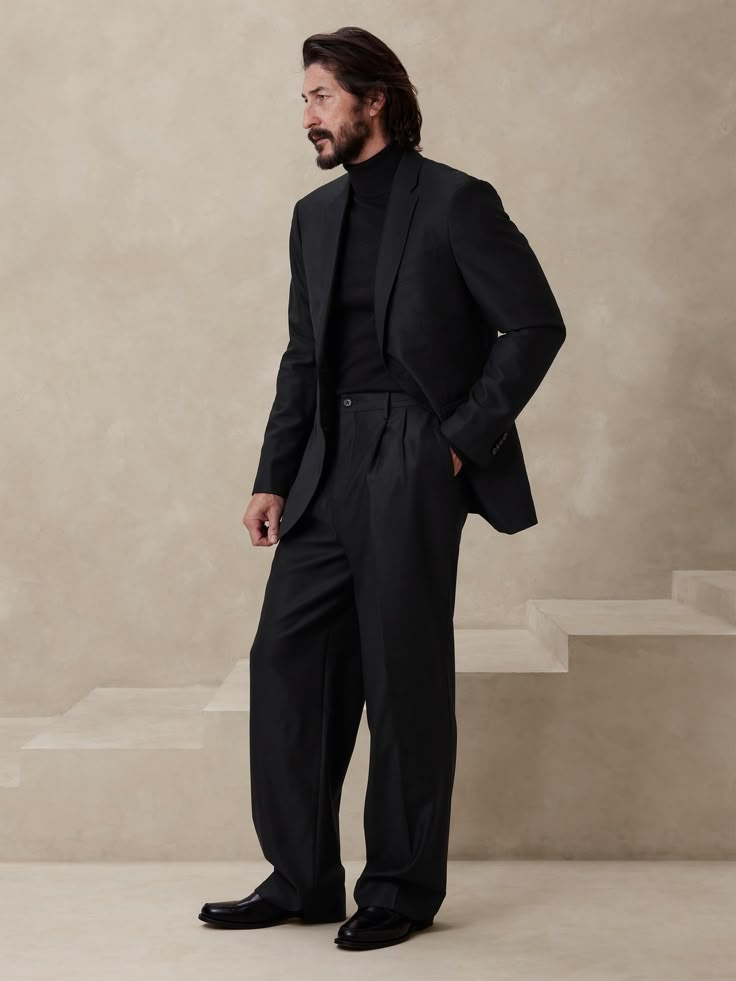 This relaxed pant is expertly cut with a wide leg and puddle hem in our signature Italian hopsack fabric, selected for its basketweave texture and exceptional drape.  Mid rise.  Wide leg with extra length for a break at the hem Responsible Wool Stand Minimalist Formal Outfit Men, Man All Black Outfit, Unique Wedding Outfits For Men, Mens Wide Leg Dress Pants, Black On Black Tuxedo Wedding, Wide Leg Trousers Outfit Men, Office Fashion Men, Black Men Formal Outfit, Relaxed Black Suit Men