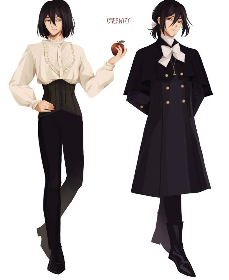 an anime character is dressed in black and white clothing, holding a red apple while standing next to another character