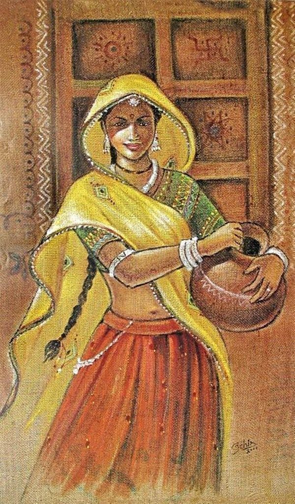 a painting of a woman holding a pot and wearing a yellow sari with an orange skirt