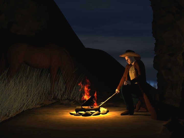 a man standing next to a fire in the dark