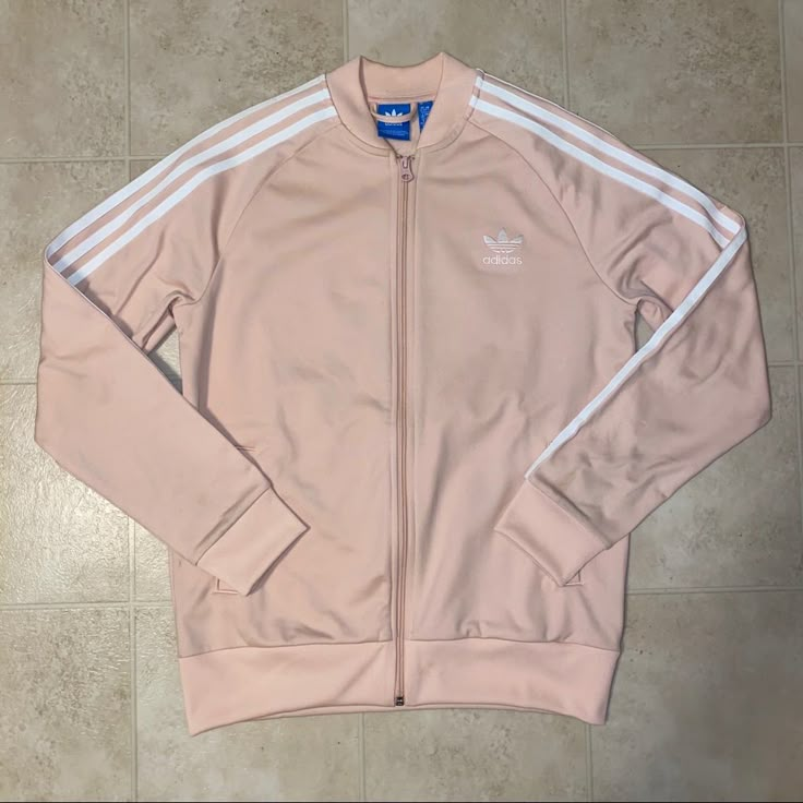 Nwot Girl’s Adidas Zip-Up Jacket Adidas Sst Outfit, Pink Adidas Jacket, White Long Sleeve Track Jacket For Spring, Adidas White Outerwear For Spring, White Adidas Outerwear For Spring, Pink Track Jacket With Pockets For Spring, Spring Pink Track Jacket With Pockets, Trendy White Outerwear With Ribbed Cuffs, Adidas Casual Track Jacket For Spring