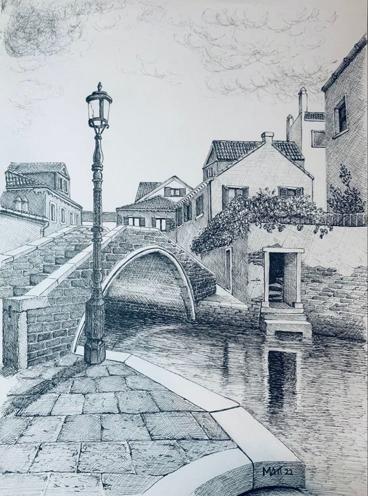 a drawing of a street light next to a river with houses on the other side