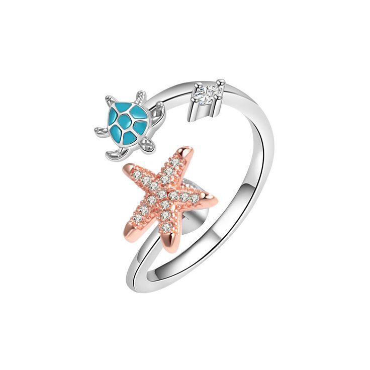 Color: White gold color Size: Adjustable Opening Fashion Element: Sea Turtle, Starfish Style: Europe and America Jewellery Wishlist, Starfish Ring, Turtle Ring, Summer Beach Jewelry, Ocean Gifts, Turtle Jewelry, Fidget Rings, Cute Turtles, Rings For Girls