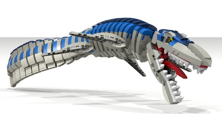 a lego model of a dinosaur with blue, red and white stripes on it's body