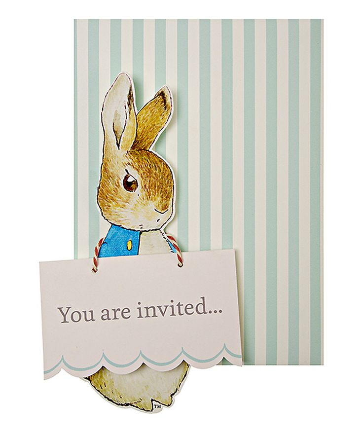 a card with an image of a rabbit holding a sign that says you are invited