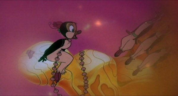 a cartoon character is standing on a chain in front of an image of two women