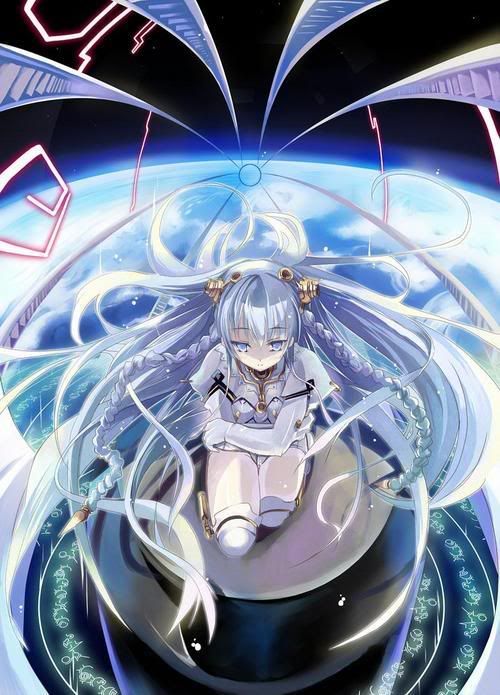 an anime character with long hair sitting on top of a circular object in front of the earth