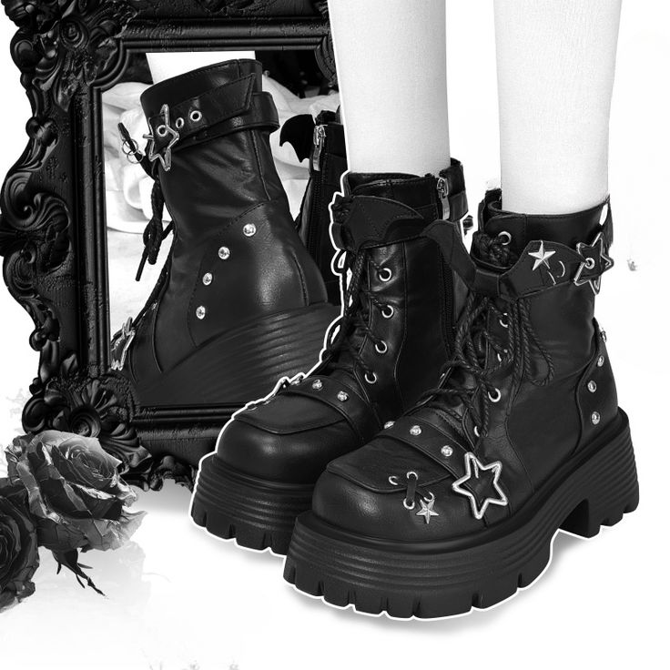 Step into a world of whimsical charm with these platform ankle boots, perfect for those who adore a blend of edgy and cute styles. Featuring a lace-up design, these boots are adorned with an enchanting adjustable strap at the ankle, complete with star-shaped buckles and playful bat wing embellishments. The side zipper ensures easy wearability, while the studded accents add a touch of rebellious flair.Ideal for anyone looking to make a bold fashion statement while embracing their inner kawaii spi Star Platform Boots, Matching Boots Couple, Grunge Platform Boots With Round Toe, Grunge Moto Boots With Platform And Round Toe, Punk Style Ankle-high Platform Boots, Grunge Chunky Platform Boots With Round Toe, Alternative Style Chunky Platform Boots With Round Toe, Alternative Style Boots With Chunky Platform, Alternative Style Boots With Chunky Platform And Round Toe