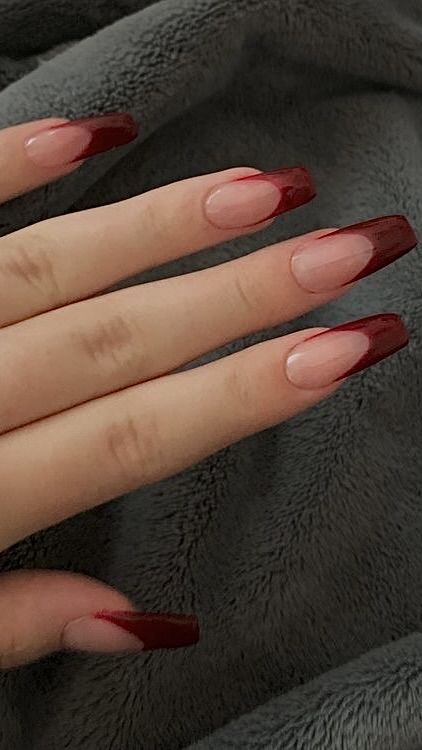 September Nail Inspo 2024, Nails For September 2024, September Nails Square, Wine French Nails, Coffin Red French Tip Nails, Chrome Nails With Pearls, Red French Tip Nail Designs, Glow Up Nails, Trendy Chrome Nails