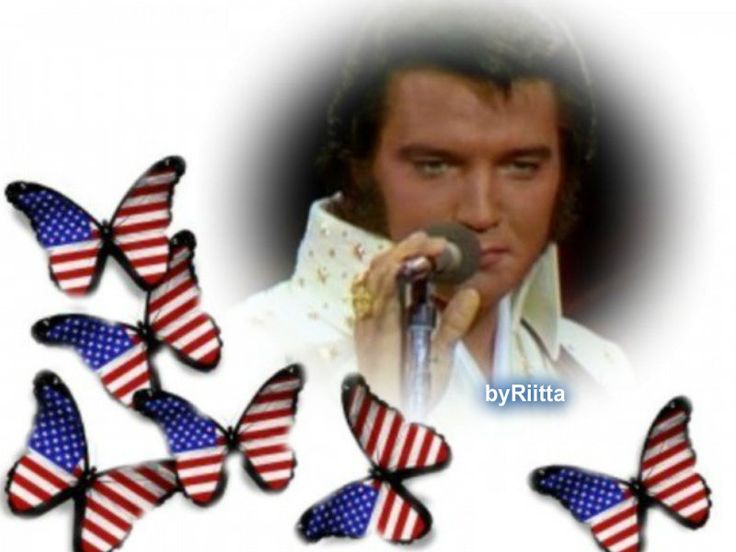 elvis presley singing into a microphone with american butterflies surrounding him and his name on it