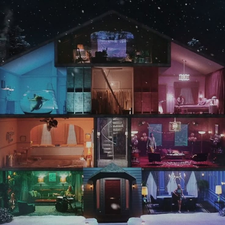 the inside of a house with multiple rooms in it and people walking around outside at night