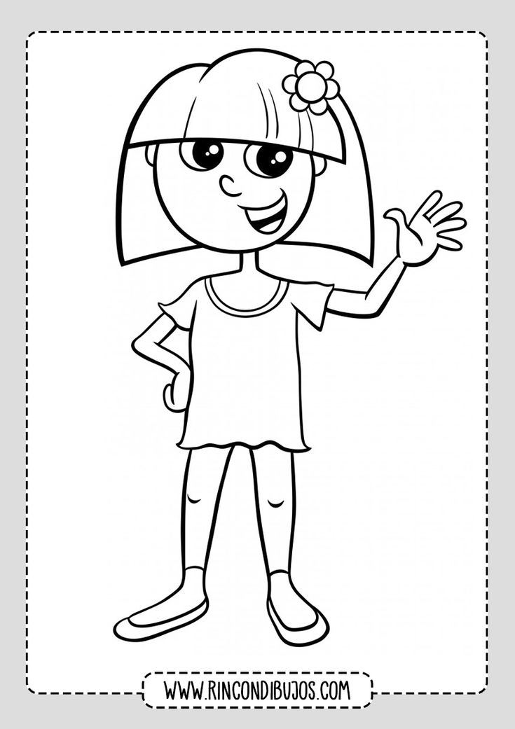 a cartoon girl with her hand up in front of the camera, outlined on a white background