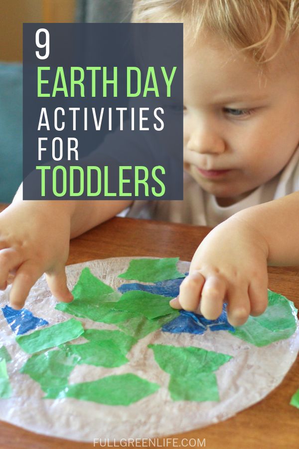 a young boy is playing with paper plates and green leaves on the table, while text reads 9 earth day activities for toddlers