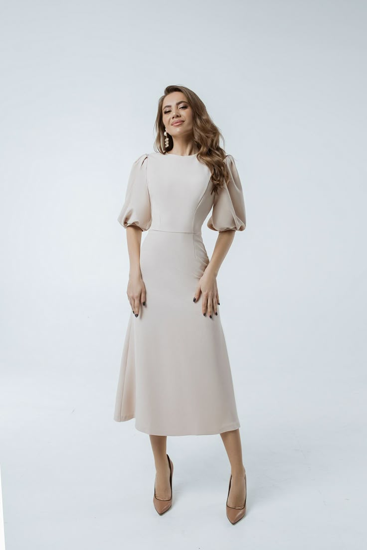 Puff Sleeve Dress Classy, Beige Dress Outfit, Modest Classy Dresses, Dresses For Short Women, White Church Dress, Oatmeal Dress, Business Professional Dress, Puff Sleeve Midi Dress, Short Sleeve Midi Dress