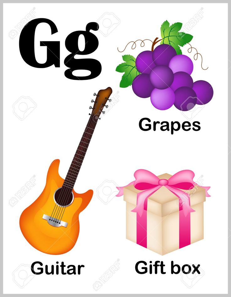 the letter g is for guitar, grapes, grapes, gift box and gifts