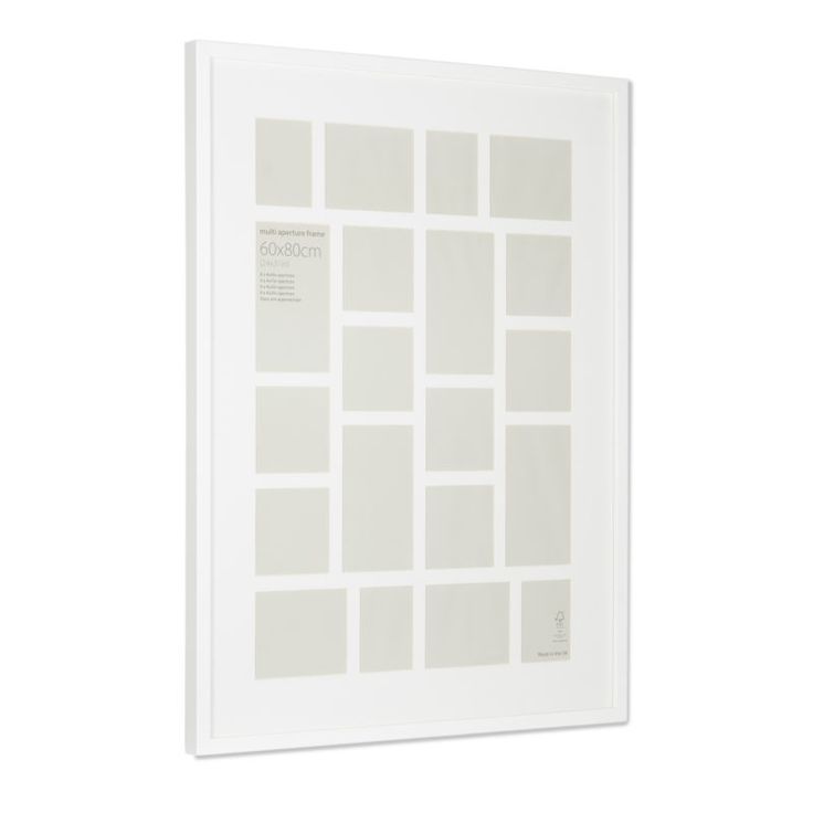 a white photo frame with squares on the front and bottom, against a white background