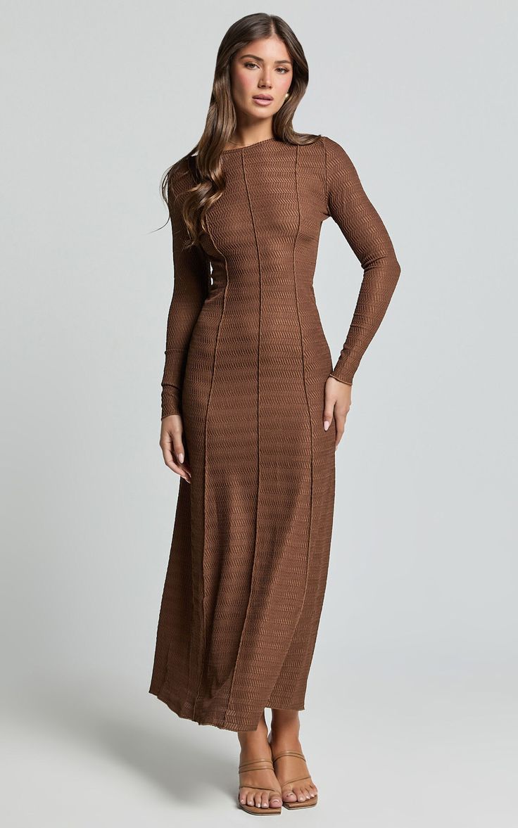 Valencia Maxi Dress - Long Sleeve A Line Dress in Chocolate | Showpo USA Elegant Long Sleeve Stretch Dress For Fall, Elegant Full Length Long Sleeve Dress For Spring, Full Length Maxi Dress For Fall, Fall Season Full Length Maxi Dress, Modest Maxi Dress For Formal Fall Occasions, Modest Maxi Dress For Formal Fall Events, Modest Formal Maxi Dress For Fall, Modest Formal Fall Maxi Dress, Classic Long Dresses For Fall