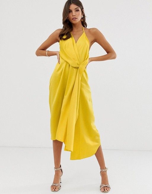 ASOS DESIGN minimal drape midi dress in satin | ASOS Bandeau Maxi Dress, Midi Skater Dress, Prom Midi Dress, Draped Midi Dresses, Cami Maxi Dress, Midi Pencil Dress, Midi Sundress, Maxi Jersey Dress, White Dress Summer