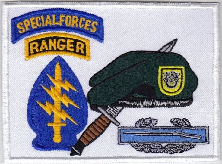 an embroidered patch with the words special forces ranger and a helmet on top of it