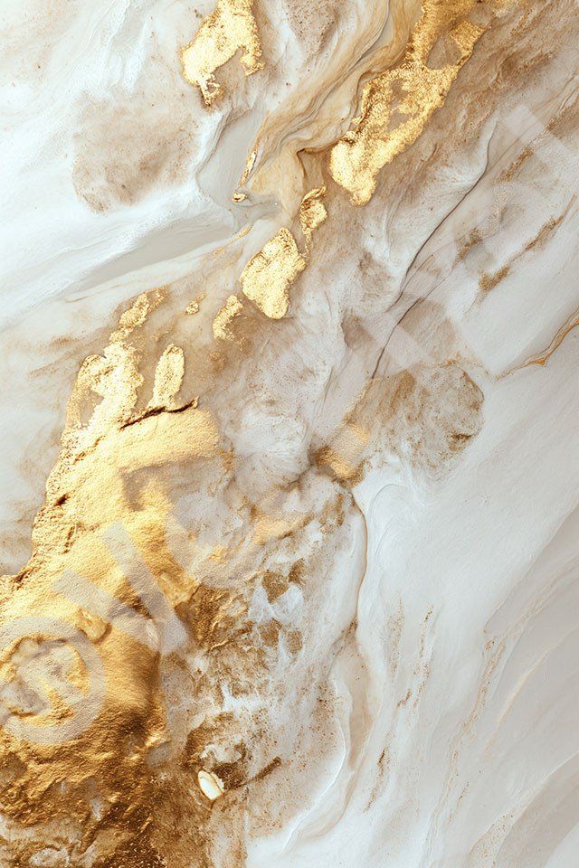 an abstract painting with gold and white paint on the surface, showing different areas of color