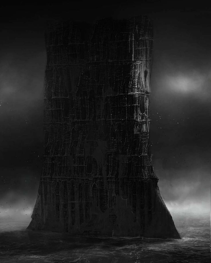 a tall tower sitting on top of a body of water in the middle of a dark sky