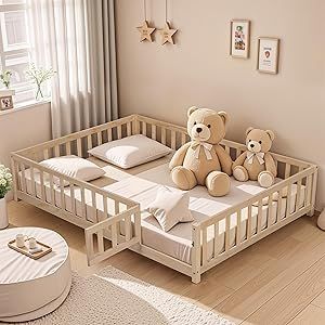 a teddy bear sitting on top of a bed in a child's room next to a window