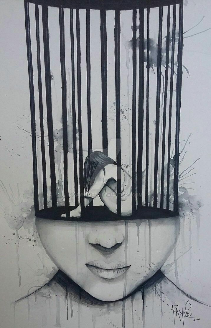 a drawing of a woman's face with bars on her head