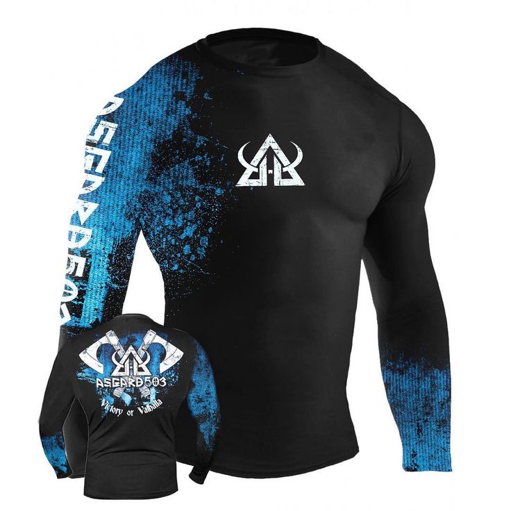 a black shirt with blue and white paint splattered on the chest, long sleeves and