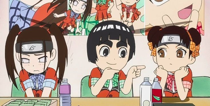 three anime characters sitting at a table with drinks