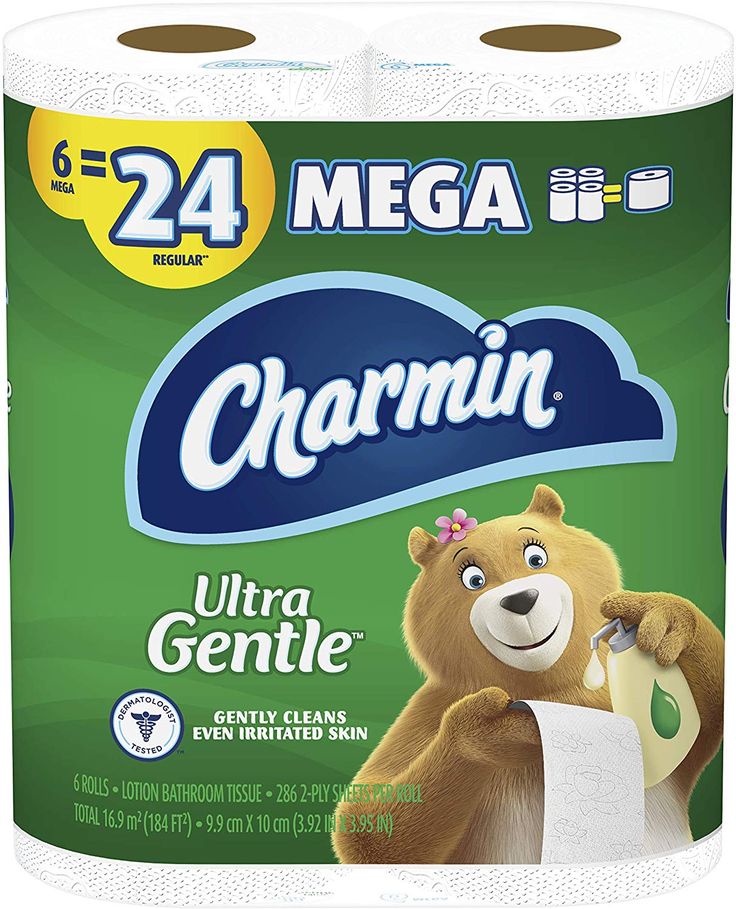 two rolls of charmin ultra gentle toilet paper, each with a bear on it