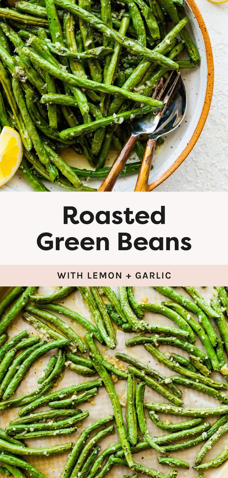 roasted green beans on a plate with lemons and garlic in the background text reads roasted green beans with lemon & garlic