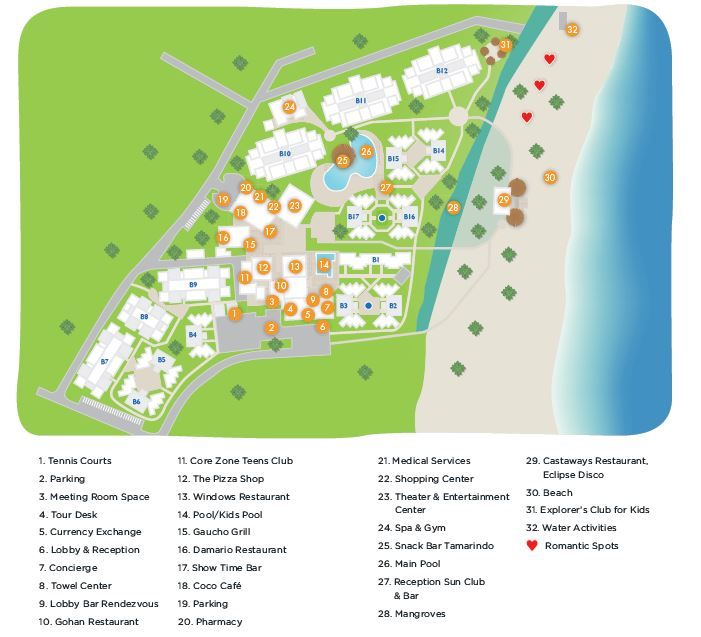 a map of the resort and its surrounding grounds, including several rooms with swimming pools