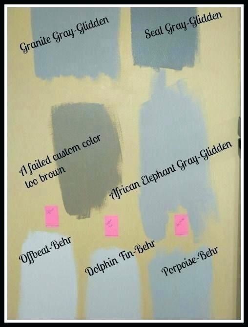 the different shades of gray paint are labeled in pink and blue, which is what they use