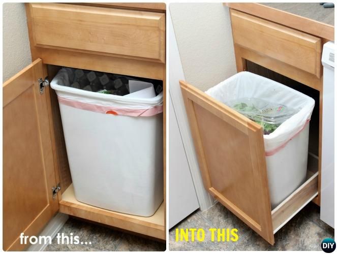 two pictures of trash cans in the corner of a cabinet