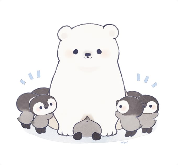 a polar bear surrounded by three small penguins