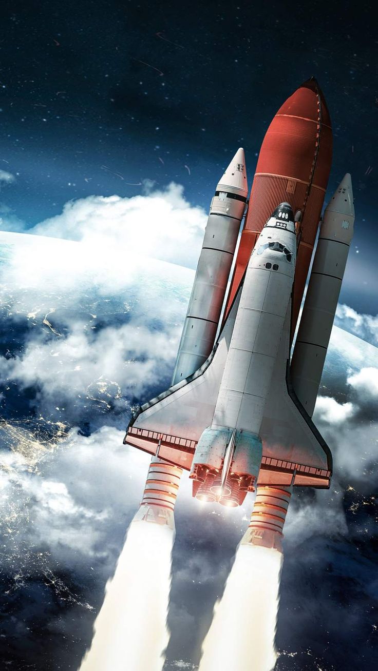 an artist's rendering of a space shuttle taking off into the sky with clouds