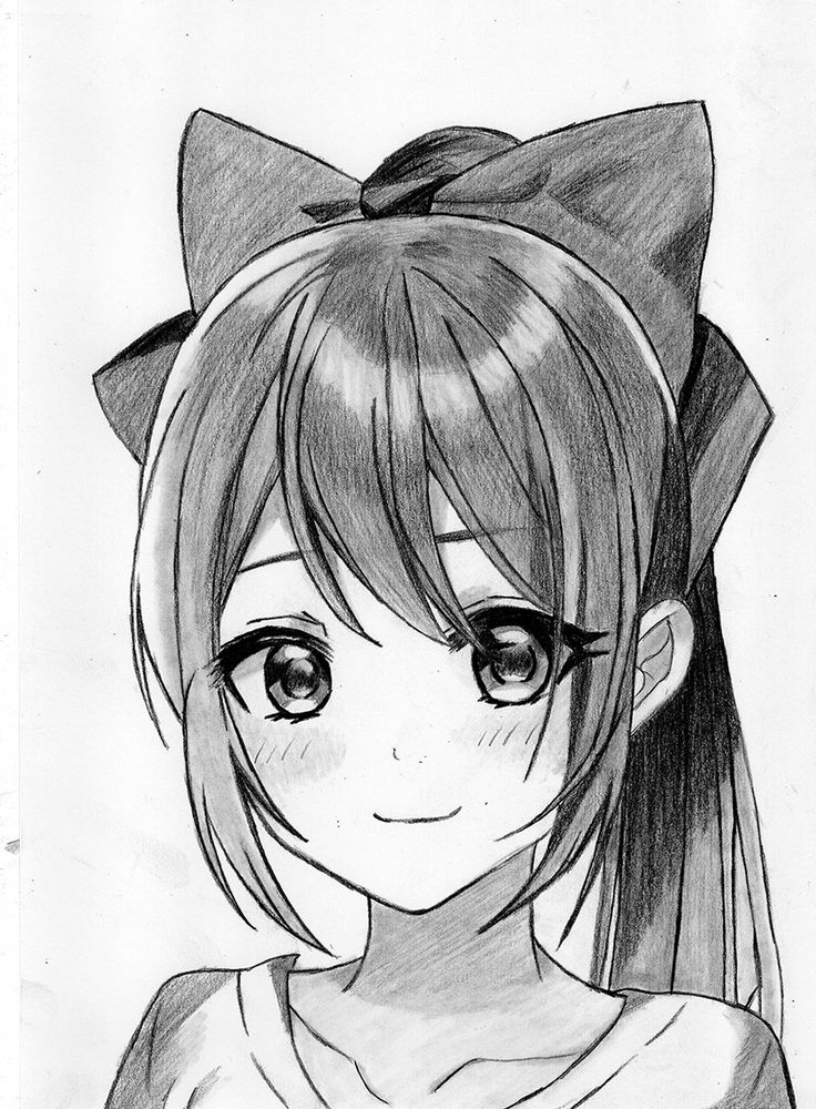 a drawing of a girl with long hair wearing a bow around her head and looking at the camera