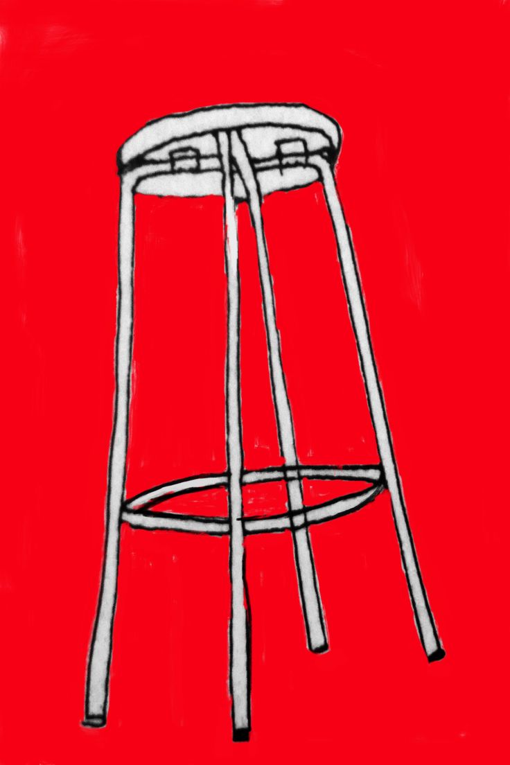 a drawing of a bar stool on a red background with the seat up and legs down